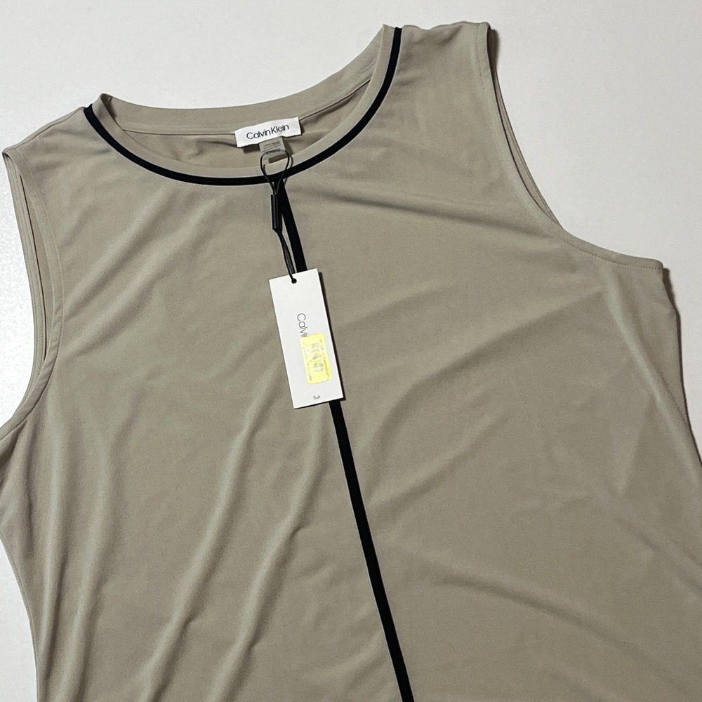 Calvin Klein Round Neck Sleeveless Stretch Blouse Size XL Beige Casual Top NWT